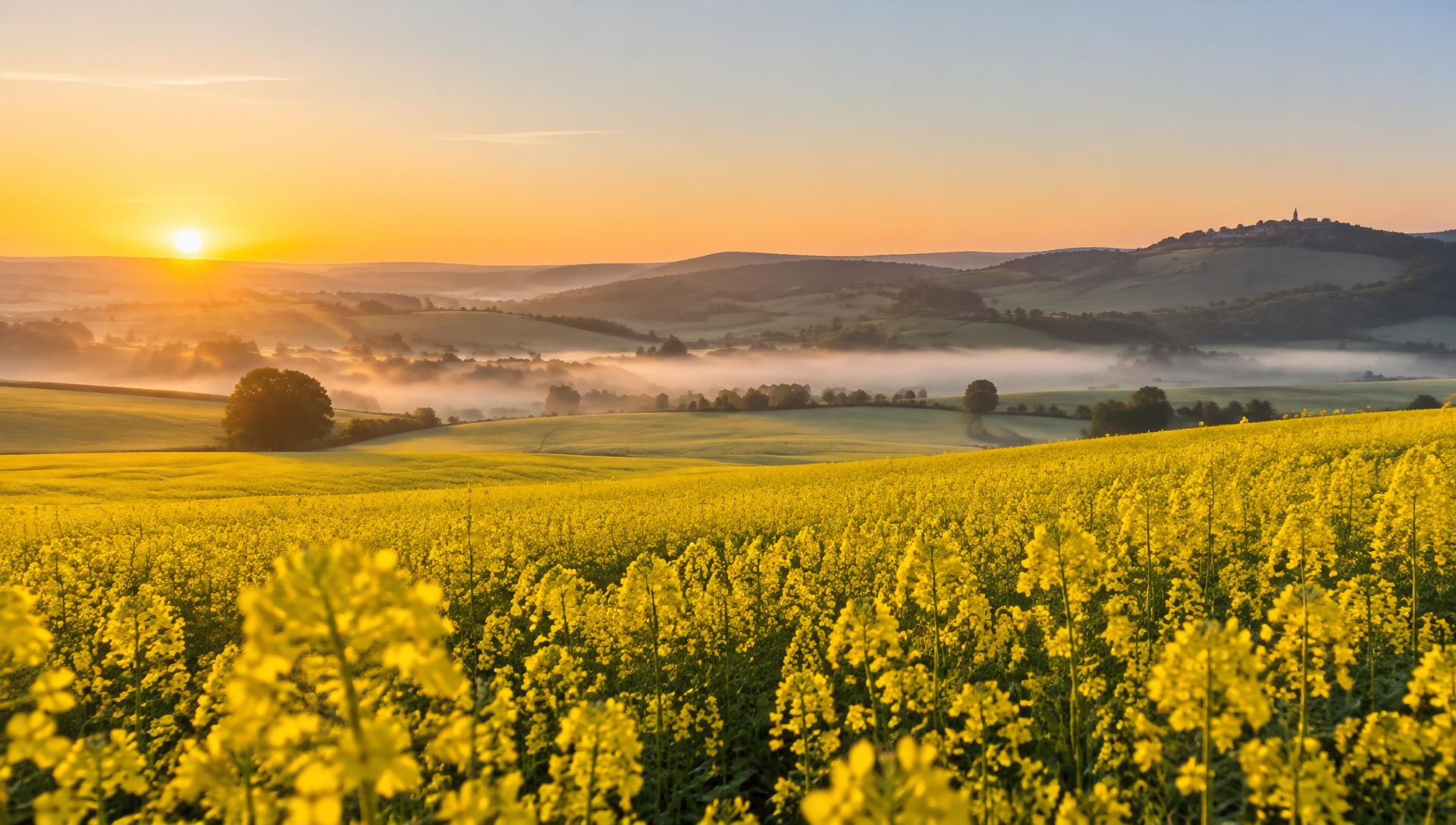 Champ de colza en fleur au lever du soleil sur les collines françaises